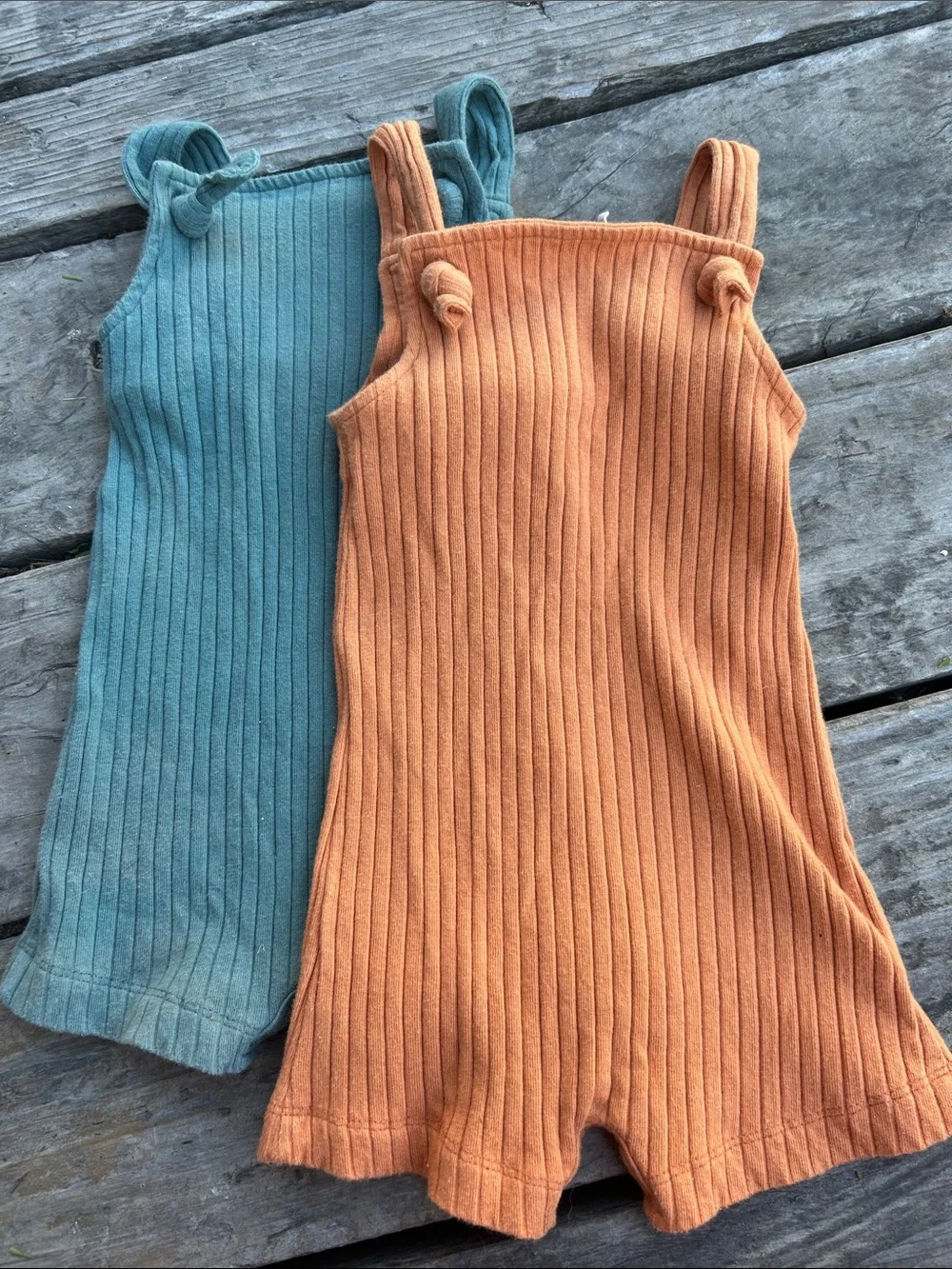 2 kate quinn Ribbed Baby Rompers in Teal & Rust Orange 3-6mo